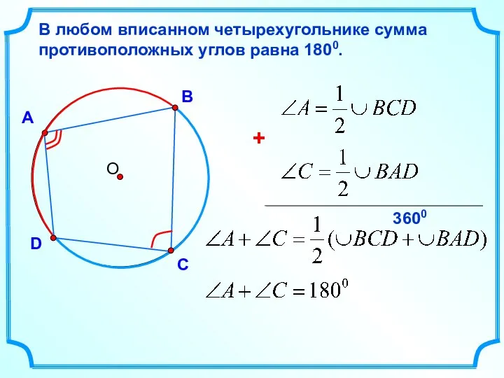 А В D В любом вписанном четырехугольнике сумма противоположных углов равна 1800. С 3600