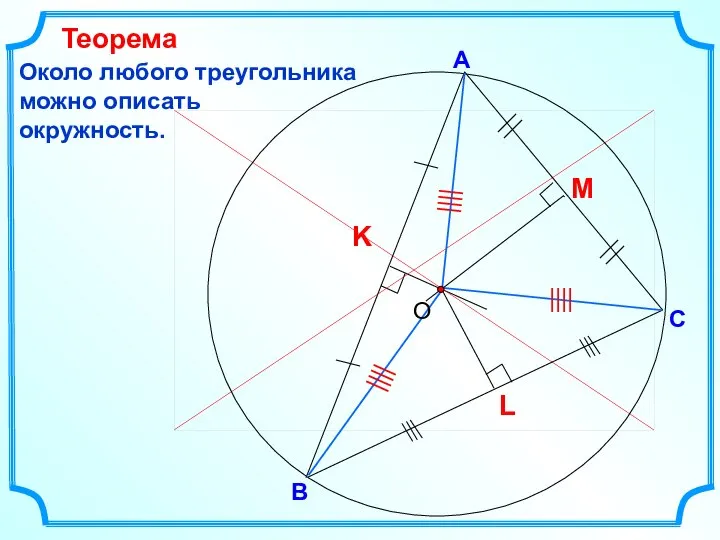 В С А Около любого треугольника можно описать окружность. Теорема
