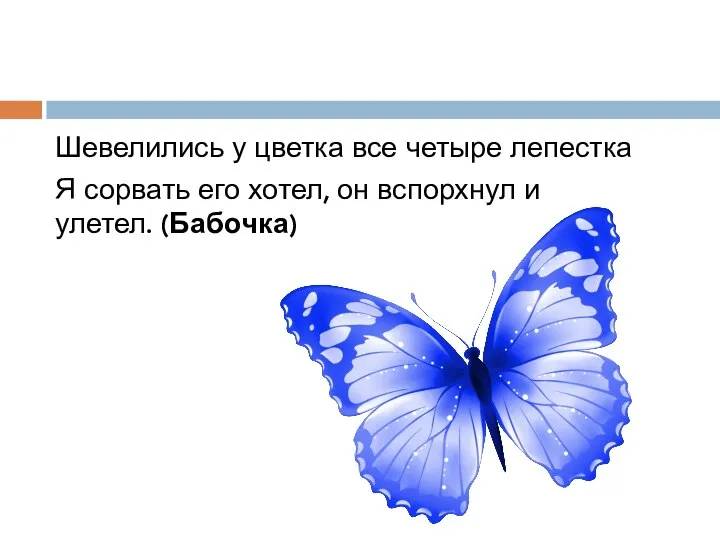 Шевелились у цветка все четыре лепестка Я сорвать его хотел, он вспорхнул и улетел. (Бабочка)