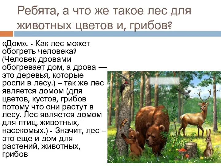 Ребята, а что же такое лес для животных цветов и, грибов? «Дом».