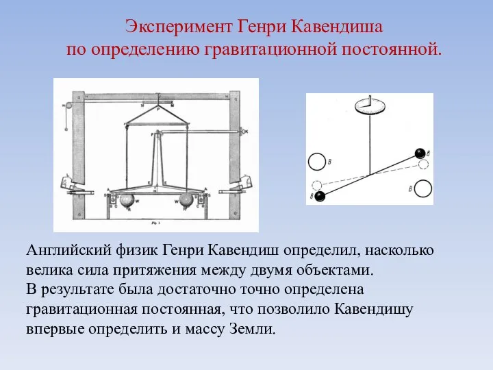 Эксперимент Генри Кавендиша по определению гравитационной постоянной. Английский физик Генри Кавендиш определил,