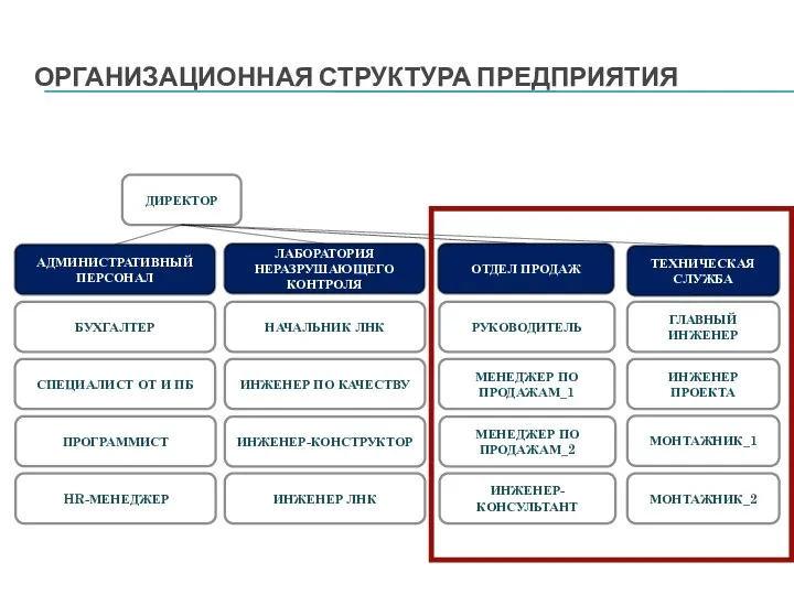 ОРГАНИЗАЦИОННАЯ СТРУКТУРА ПРЕДПРИЯТИЯ ДИРЕКТОР АДМИНИСТРАТИВНЫЙ ПЕРСОНАЛ ЛАБОРАТОРИЯ НЕРАЗРУШАЮЩЕГО КОНТРОЛЯ ОТДЕЛ ПРОДАЖ ТЕХНИЧЕСКАЯ