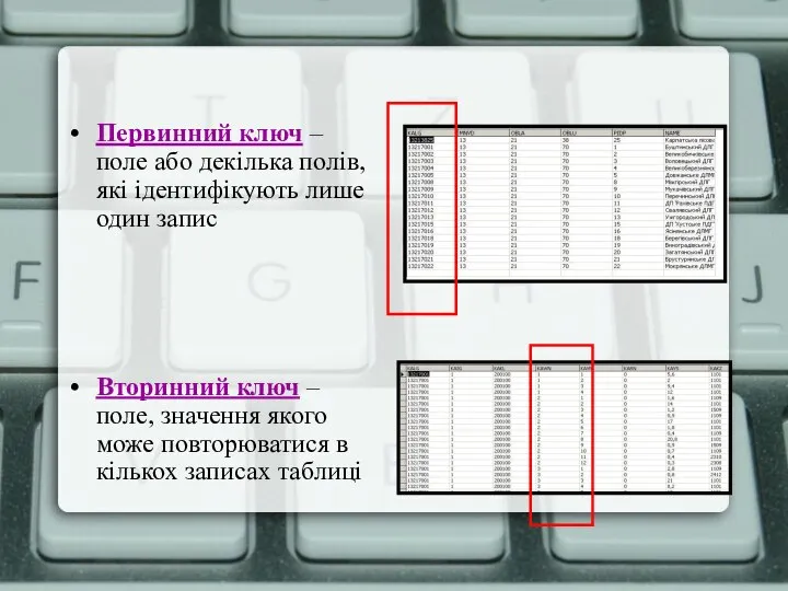 Первинний ключ – поле або декілька полів, які ідентифікують лише один запис