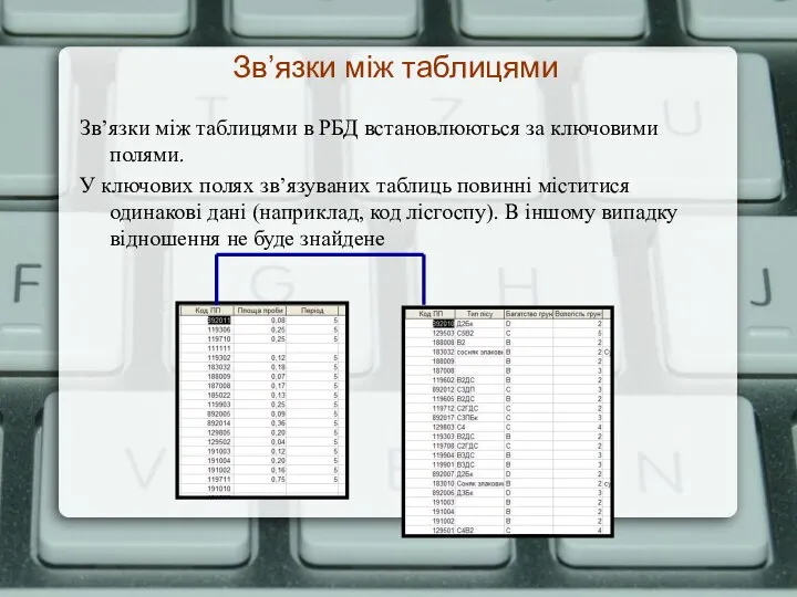 Зв’язки між таблицями Зв’язки між таблицями в РБД встановлюються за ключовими полями.