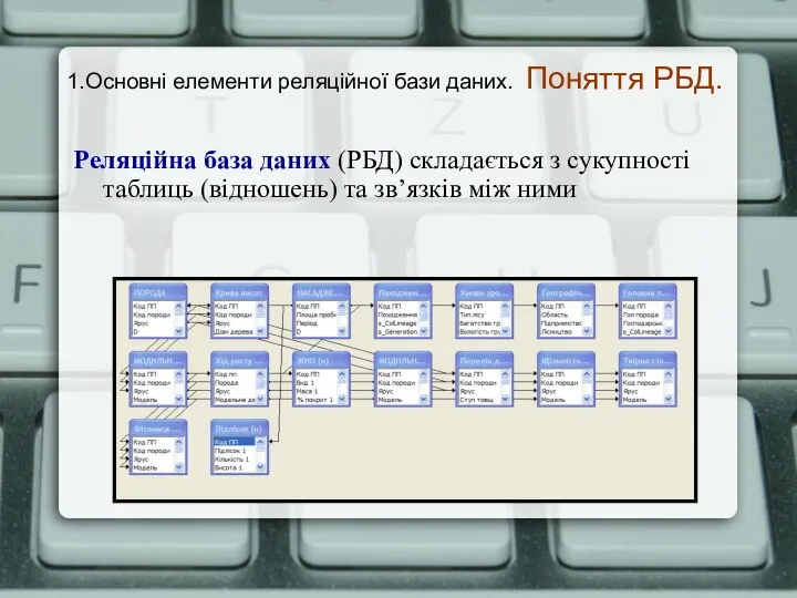 1.Основні елементи реляційної бази даних. Поняття РБД. Реляційна база даних (РБД) складається