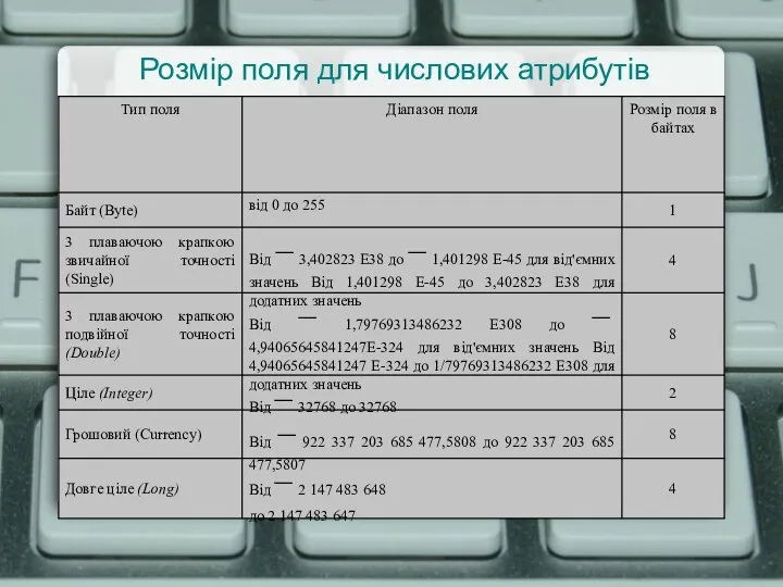 Розмір поля для числових атрибутів