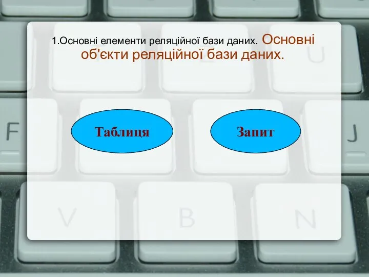 1.Основні елементи реляційної бази даних. Основні об'єкти реляційної бази даних. Таблиця Запит