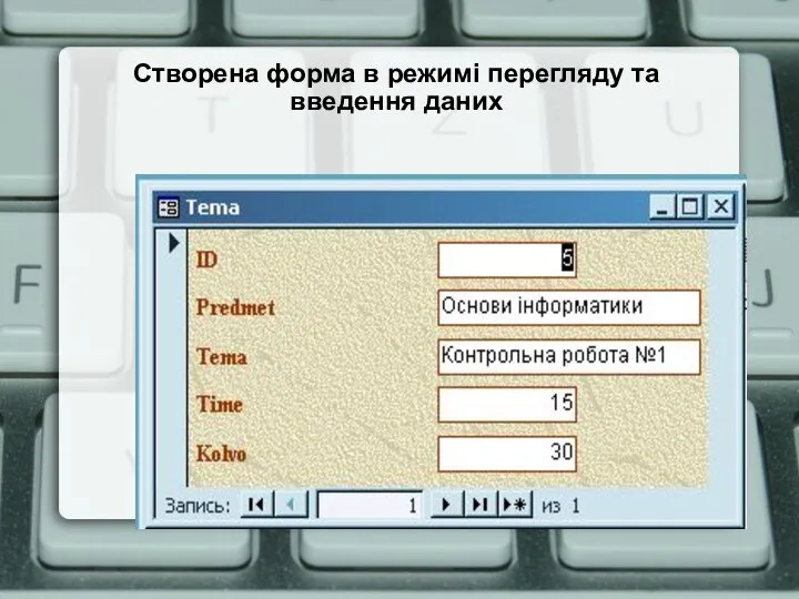 Створена форма в режимі перегляду та введення даних