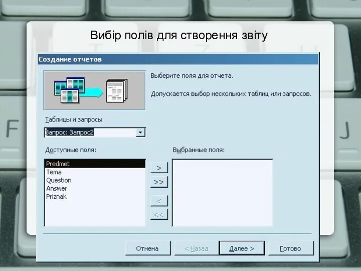 Вибір полів для створення звіту