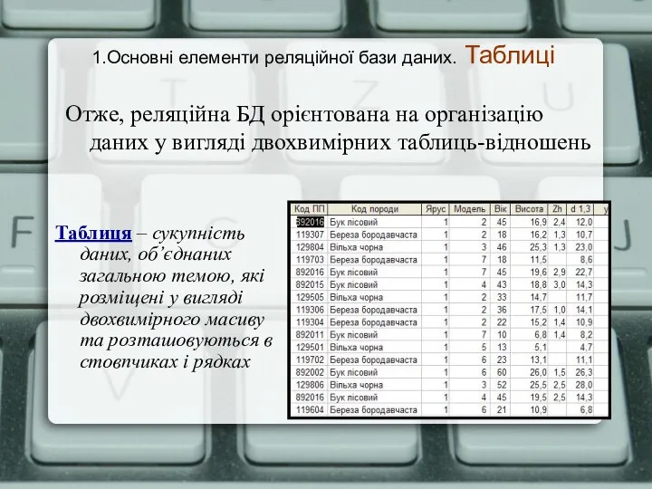 1.Основні елементи реляційної бази даних. Таблиці Отже, реляційна БД орієнтована на організацію