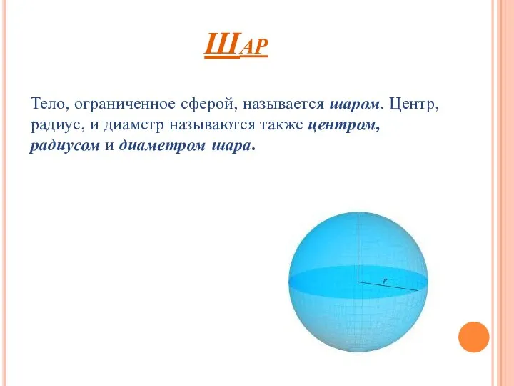 Шар Тело, ограниченное сферой, называется шаром. Центр, радиус, и диаметр называются также