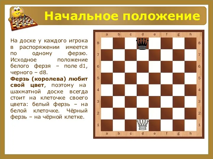 Начальное положение На доске у каждого игрока в распоряжении имеется по одному