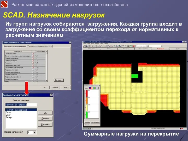 SCAD. Назначение нагрузок Расчет многоэтажных зданий из монолитного железобетона Из групп нагрузок