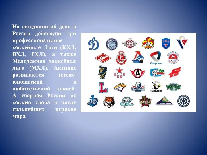 На сегодняшний день в России действуют три профессиональные хоккейные Лиги (КХЛ, ВХЛ,