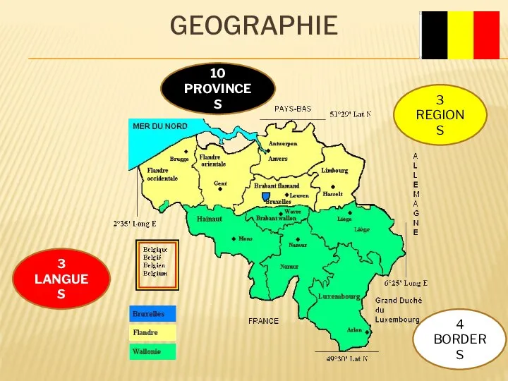 GEOGRAPHIE 3 LANGUES 10 PROVINCES 3 REGIONS 4 BORDERS