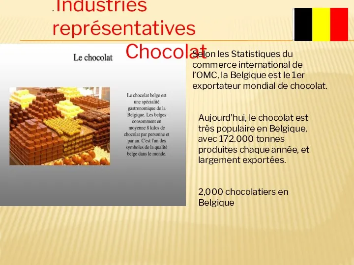 . Industries représentatives Chocolat Selon les Statistiques du commerce international de l’OMC,