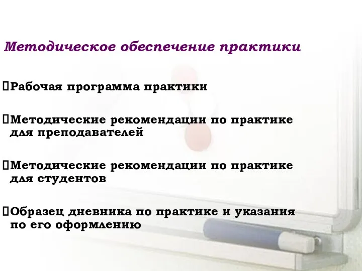 Методическое обеспечение практики Рабочая программа практики Методические рекомендации по практике для преподавателей