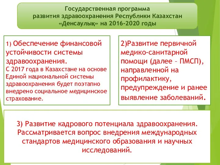 1) Обеспечение финансовой устойчивости системы здравоохранения. С 2017 года в Казахстане на