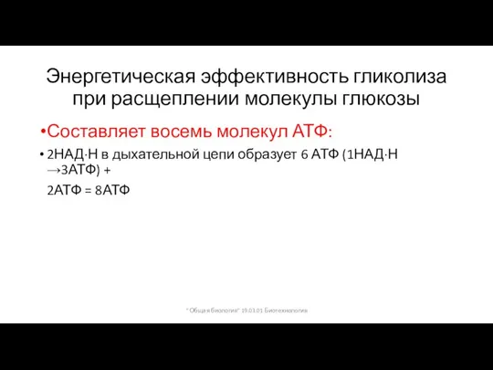 Энергетическая эффективность гликолиза при расщеплении молекулы глюкозы Составляет восемь молекул АТФ: 2НАД·Н