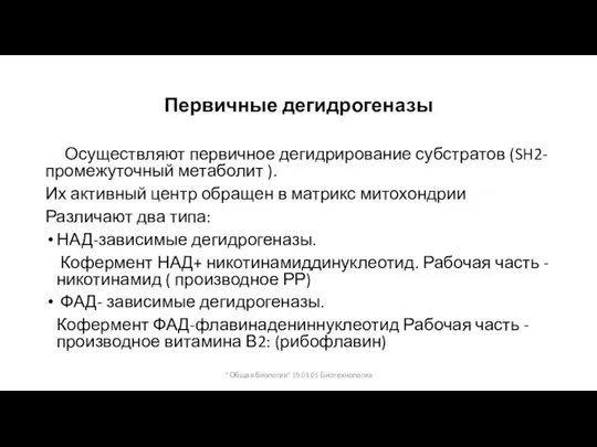 Первичные дегидрогеназы Осуществляют первичное дегидрирование субстратов (SH2- промежуточный метаболит ). Их активный