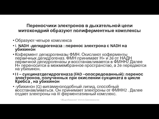 Переносчики электронов в дыхательной цепи митохондрий образуют полиферментные комплексы Образуют четыре комплекса