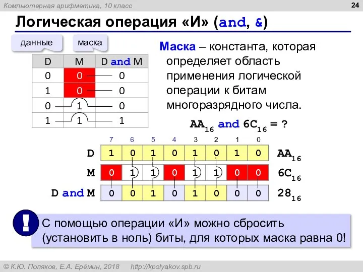 Логическая операция «И» (and, &) данные маска Маска – константа, которая определяет