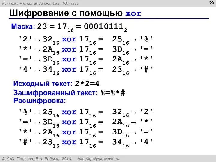 Шифрование с помощью xor Исходный текст: 2*2=4 '2' → 3216 xor 1716