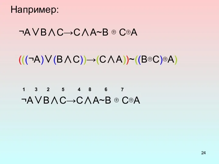 Например: ¬A∨B∧C→C∧A~B ⊕ C⊕A (((¬A)∨(B∧C))→(C∧A))~((B⊕C)⊕A) 1 3 2 5 4 8 6 7 ¬A∨B∧C→C∧A~B ⊕ C⊕A