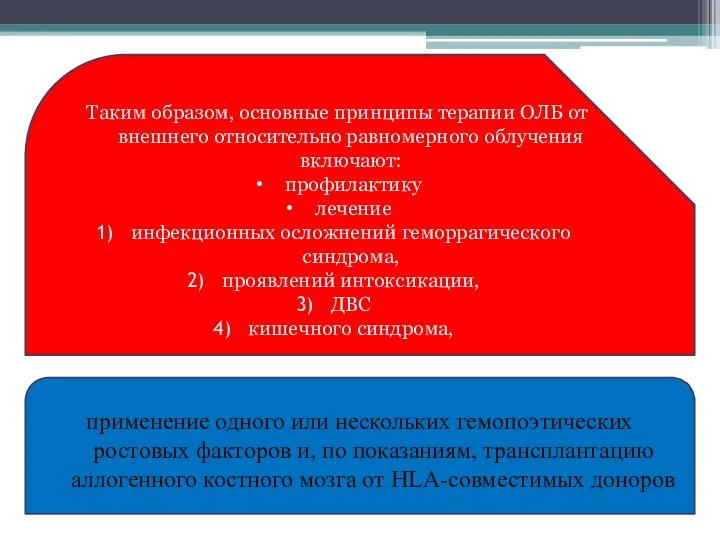 Таким образом, основные принципы терапии ОЛБ от внешнего относительно равномерного облучения включают: