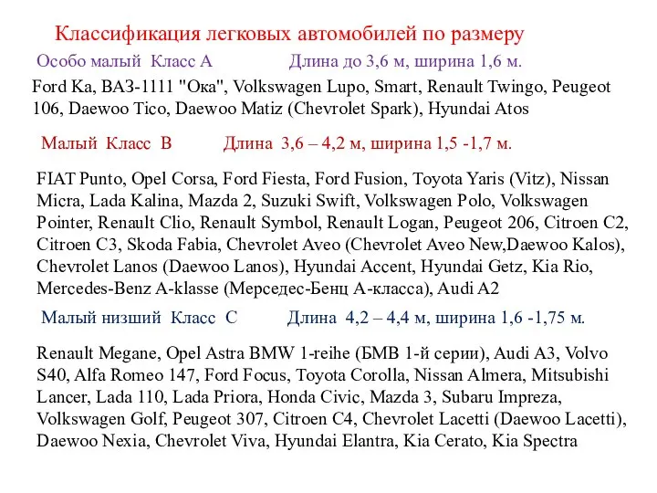 Классификация легковых автомобилей по размеру Особо малый Класс А Длина до 3,6