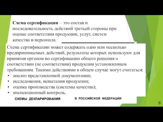 Схема сертификации – это состав и последовательность действий третьей стороны при оценке