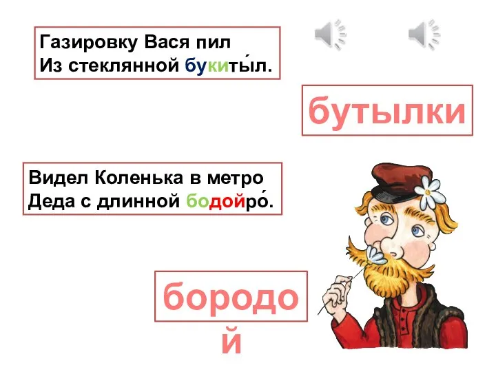 Газировку Вася пил Из стеклянной букиты́л. бутылки Видел Коленька в метро Деда с длинной бодойро́. бородой