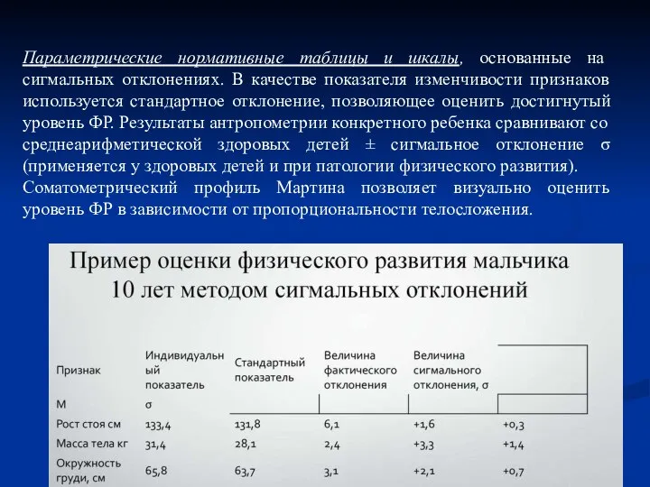 Параметрические нормативные таблицы и шкалы, основанные на сигмальных отклонениях. В качестве показателя