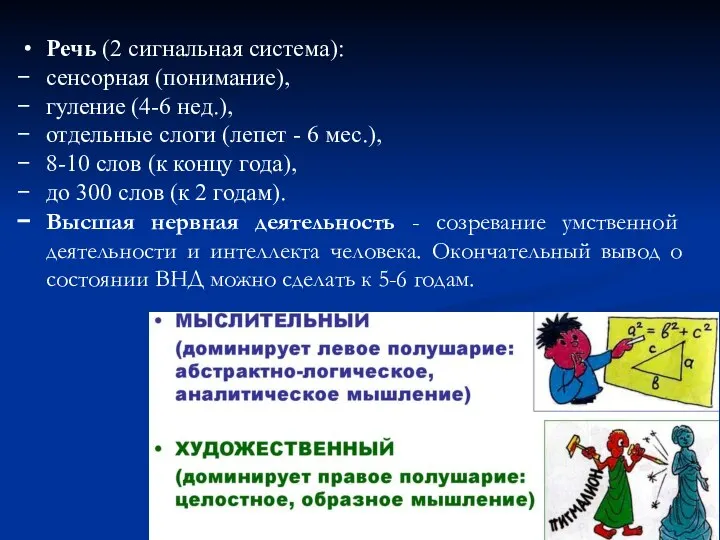 Речь (2 сигнальная система): сенсорная (понимание), гуление (4-6 нед.), отдельные слоги (лепет