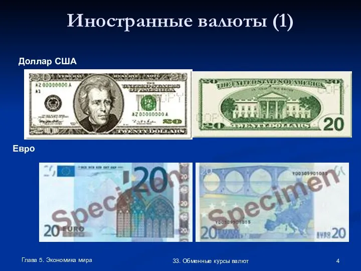 Глава 5. Экономика мира 33. Обменные курсы валют Иностранные валюты (1) Доллар США Евро