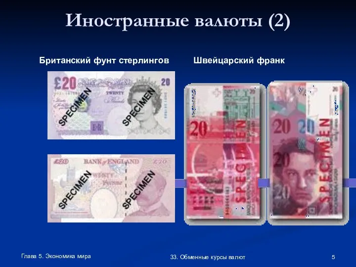 Глава 5. Экономика мира 33. Обменные курсы валют Иностранные валюты (2) Британский фунт стерлингов Швейцарский франк