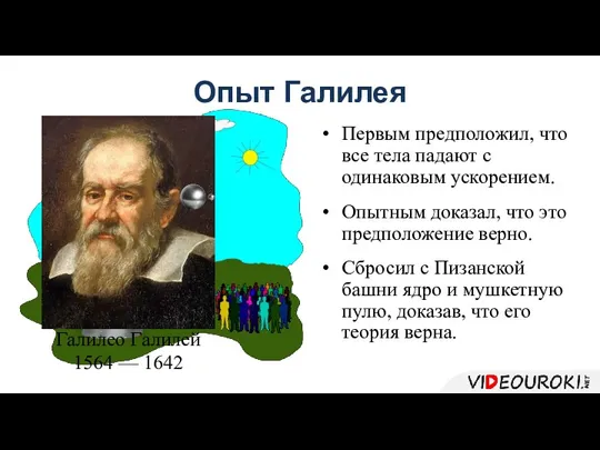 Опыт Галилея Первым предположил, что все тела падают с одинаковым ускорением. Опытным