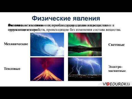 Физические явления Явления — это изменения, происходящие с телами и веществами в