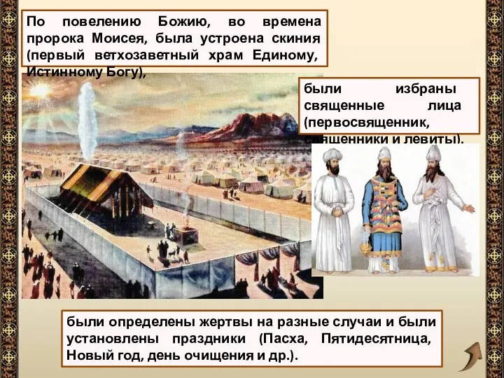 По повелению Божию, во времена пророка Моисея, была устроена скиния (первый ветхозаветный