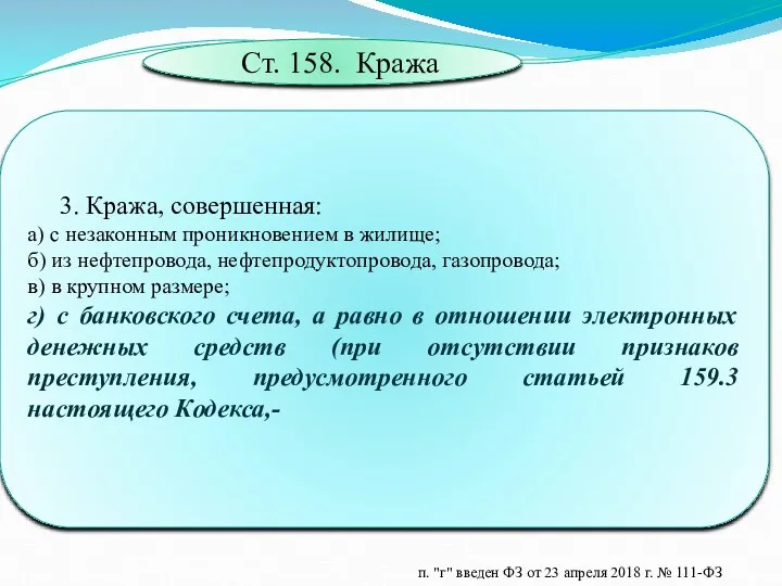 Ст. 158. Кража 3. Кража, совершенная: а) с незаконным проникновением в жилище;