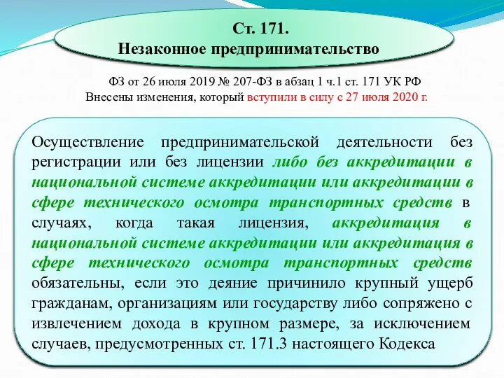 Ст. 171. Незаконное предпринимательство ФЗ от 26 июля 2019 № 207-ФЗ в