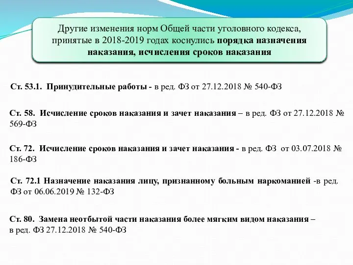 Другие изменения норм Общей части уголовного кодекса, принятые в 2018-2019 годах коснулись