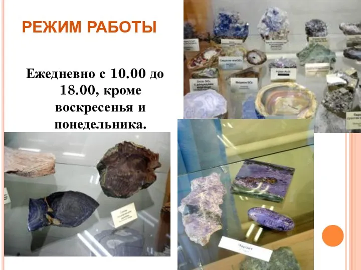 РЕЖИМ РАБОТЫ Ежедневно с 10.00 до 18.00, кроме воскресенья и понедельника.