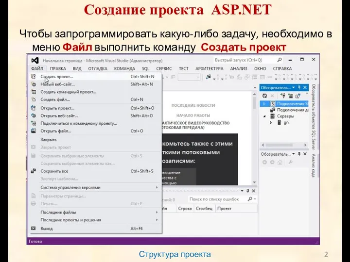 Структура проекта Создание проекта ASP.NET Чтобы запрограммировать какую-либо задачу, необходимо в меню