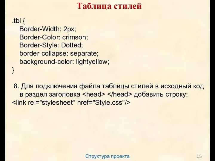 Структура проекта Таблица стилей .tbl { Border-Width: 2px; Border-Color: crimson; Border-Style: Dotted;