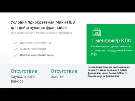 Условия приобретения Мини-ПВЗ для действующих франчайзи Для размещения в местах высокого траффика