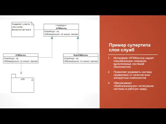 Пример супертипа слоя служб Интерфейс IATMService задаёт спецификацию операция, выполняемых системой (банкоматом)