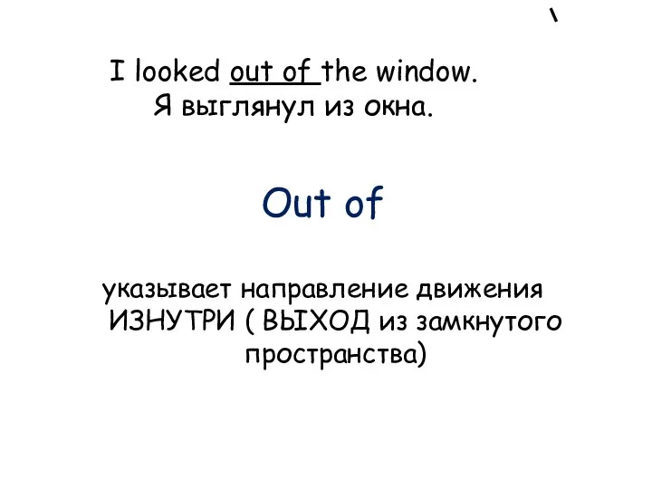 I looked out of the window. Я выглянул из окна. Out of