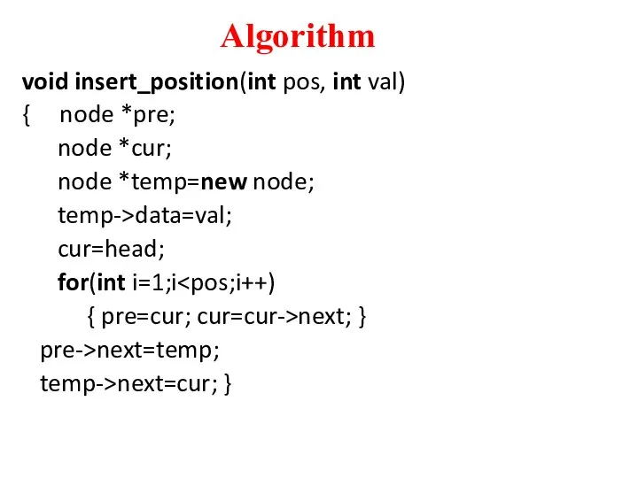 Algorithm void insert_position(int pos, int val) { node *pre; node *cur; node