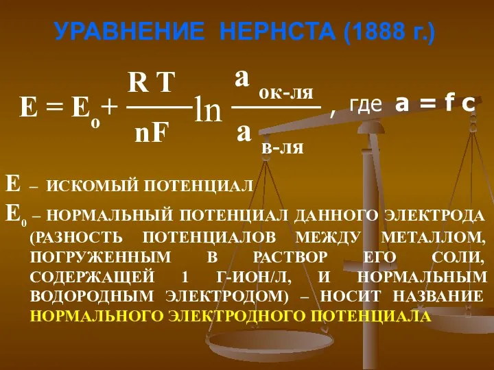 УРАВНЕНИЕ НЕРНСТА (1888 г.) E = Eо+ R T nF ln а